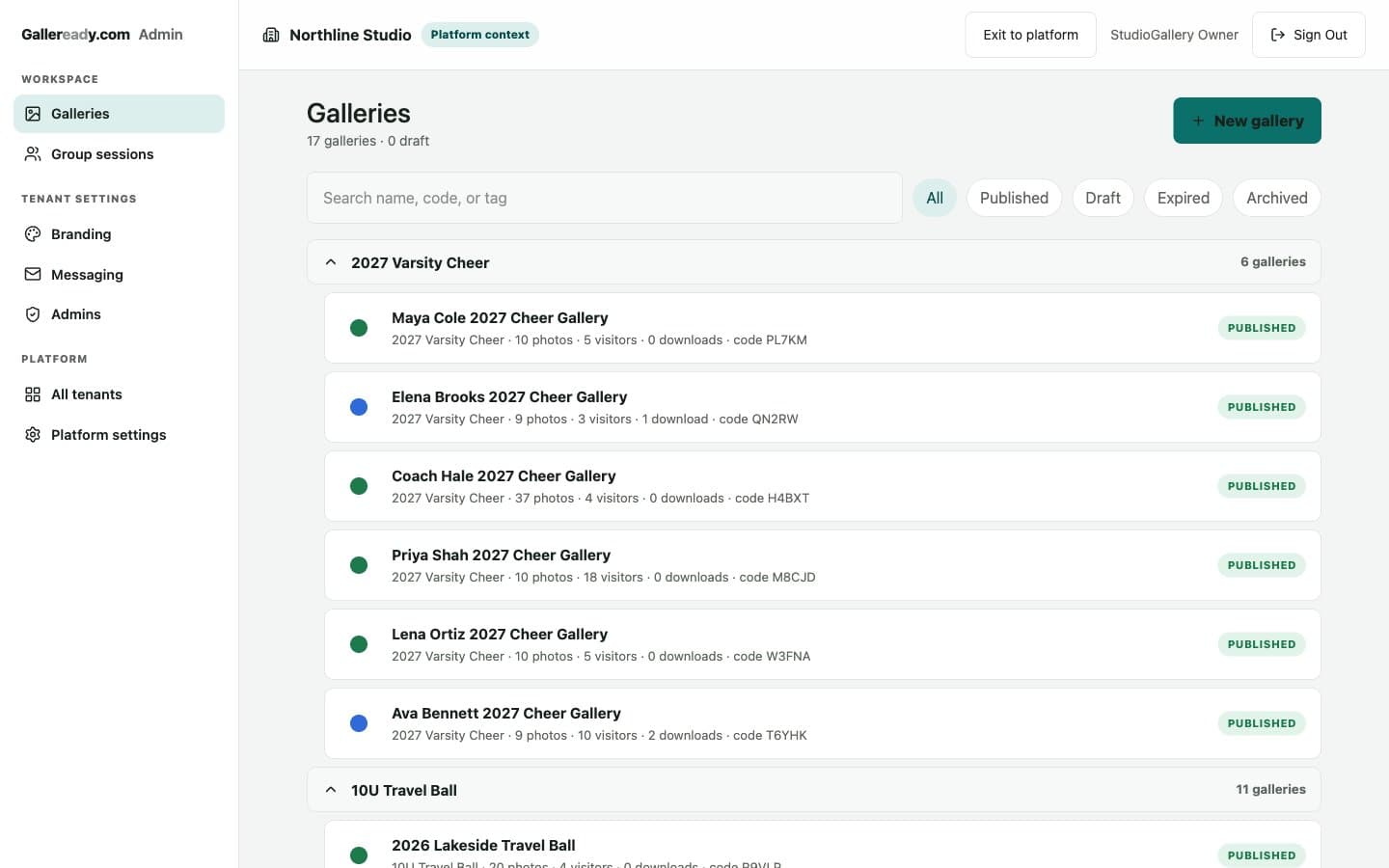 Photographer workspace showing galleries organized under group sessions