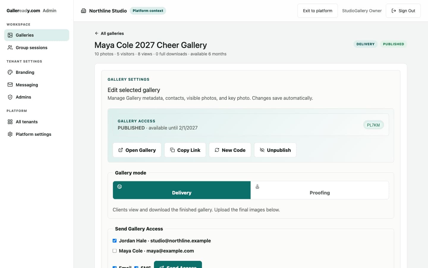 Gallery editor showing delivery and proofing controls, publishing status, and sharing options
