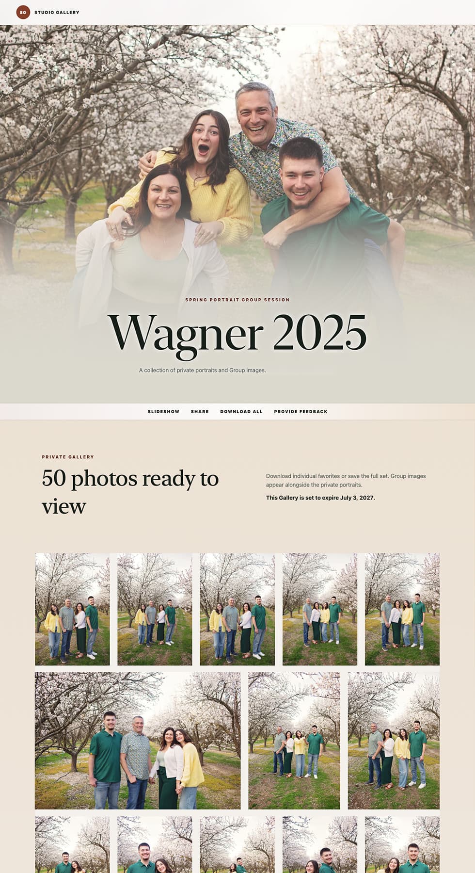 Galleready gallery welcome page with studio branding and a spring portrait collection